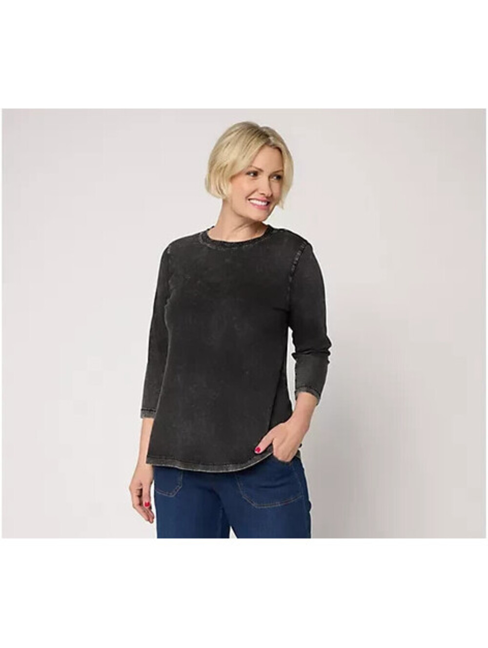 LOGO Principles by Lori Goldstein Stitch Detail 3/4 Sleeve Top Black, Size Large